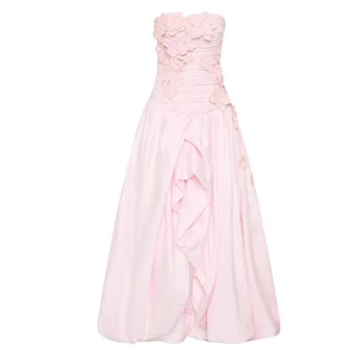 Women Solid Sweet Slimming Long Strapless Sleeveless Backless Spliced Appliques Irregular Dress