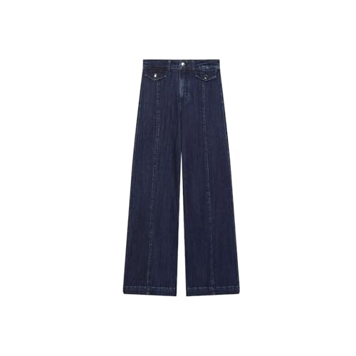 Jean ample taille haute en denim premium pour femme coupe longue unie