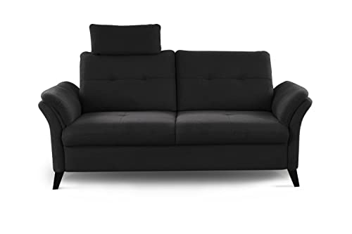 CAVADORE 3er Sofa Grönland / Skandinavische 3-Sitzer-Couch mit Federkern, Sitztiefenverstellung + Kopfstütze / 193 x 90 x 102 / Flachgewebe, Schwarz