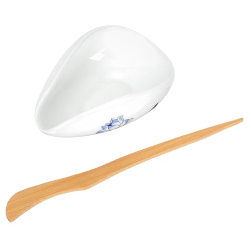 KESYOO 茶荷 茶葉収納皿 陶磁器製ティーアクセサリー 茶葉用スプーン付き キッチン用計量カップ オフィス茶道用品 お茶保存便利アイテム