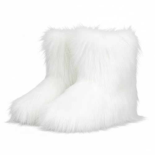 ZVC Womens Faux Fur Boots Furry Snow Boots Comfortable Fluffy Winter Boot Warm Fuzzy Mid-Calf Boot Outdoor Indoor Flat Shoes