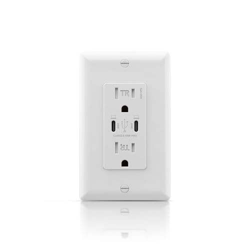 ALASTECH 65W USB C Outlet, GaN PD Charger Wall Receptacles for MacBook/Laptop, 15Amp TR Electrical Outlet with Ultra-Fast USB Ports, Wall Plate Included, ETL & FCC Listed, White, 1 Pack