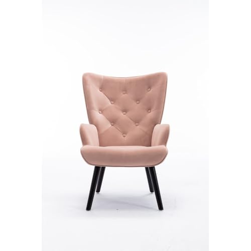 Image of Velvet Wingback Accent Chair for Living Room | Luxury High Back Tufted Armchair with Glossy Metal Legs | Modern Velvet Upholstered Lounge Chair for Home & Office | 1 Pc (Pink)