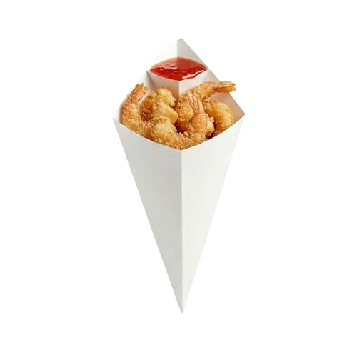 Restaurantware Cone Tek 15 Inch French Fry Cones 100 Recyclable Food Cones - Built-In Sauce Cup Grease-Resistant Lining White Paper Snack Cones For Appetizers And Charcuterie