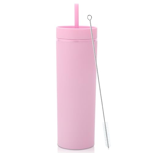 Volhoply 600ml Trinkbecher mit Deckel und Strohhalm Viererpack,Doppelwandiger Wiederverwendbar Reisebecher,BPA-freier Matte Pastellfarben Acryl-Plastikbecher für Fruchtsaft,Geschenk,Eiskaffee(Rosa,1)