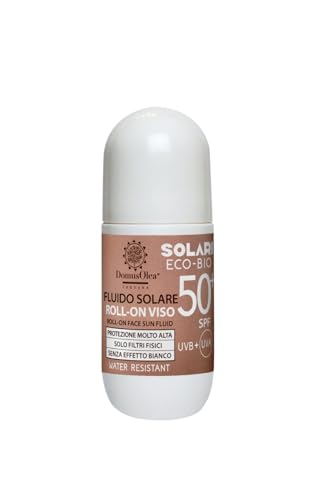 Liquide Solaire Roll-On Visage SPF 50+ Filtre Physique Minéral Uniquement Microencapsulé Sans Nanoparticules, Protection UVA/UVB Waterproof - 50ml - Eco-Bio DOMUS OLEA TOSCANA