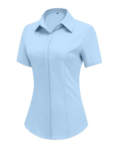HOTOUCH Button Up Shirt for Women Short Sleeve Classic Formal Button-Down Blouse Collared Work Tops Light Blue XL