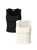 OQQ Womens 2 Piece Crop Tops Rueched Sleeveless Square Neck Stretch Basic Tank Shirts Black Beige