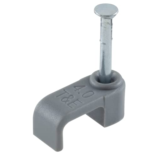 Image of GTSE Flat Grey 4.0 mm T&E Cable Clips, Box of 100, Skirting Wire Nail Clips, Twin and Earth, Cable Tacks for Ethernet, Electrical Cables, Walls