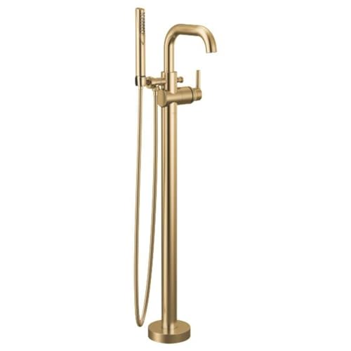 Delta Faucet Trinsic Floor Mount Tub Filler - Freestanding Roman Tub Spout with Handheld Shower - Flexible Shower Hose - Double Check Valves - Champagne Bronze T4754-PNFL (Rough Sold Separately)