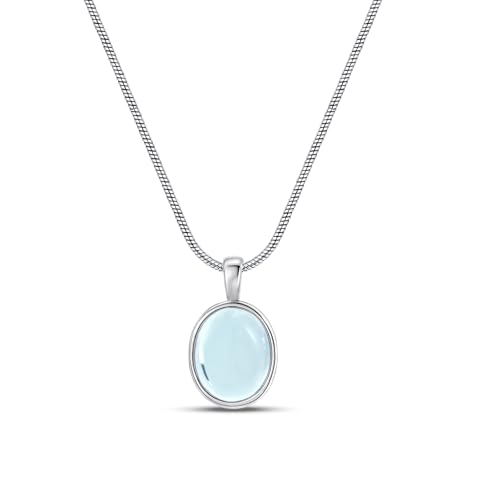 Weviway Sterling Silver Oval Aquamarine Pendant Necklace with Snake Chain, March Birthstone Jewellery
