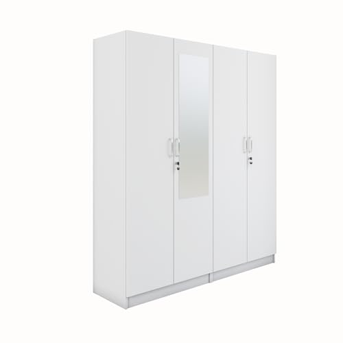 Image of VIKI Wardrobe | Wooden Almirah for 4 Door with Shelves & 2 Hanging Space Mirror Wardrobe (Frosty White - 40D x 160W x 180.8H) | 1 Year Warranty | Free Assembly