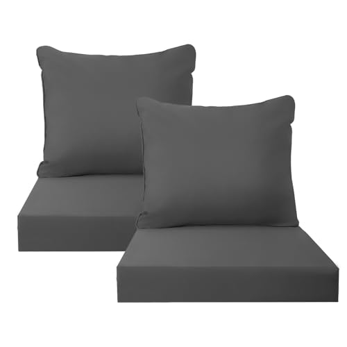 PatioGlow Outdoor Seat Cushion Set 22 x 22 x 3.5 Set of 2 Water-Resistant & Fadeness Patio Furniture Cushions with Removable Cover & Ties Thick Deep Seating Pads for Outside Sofa Couch Grey
