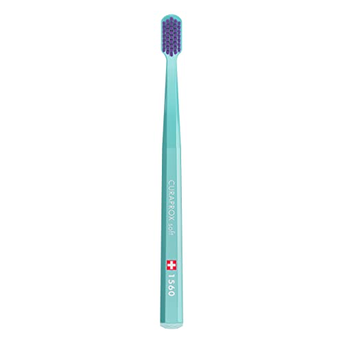 Curaprox Cepillo de dientes Suave CS 1560 - Cuidado Bucal para Adultos/Inicio Suave para Preferencias de Cepillado Más Firmes/Paquete Individual, Turquesa-Violeta/Hecho en Suiza