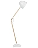 Pantalla redonda hecha de vidrio en color blanco, brazo de madera de roble claro, base de mármol