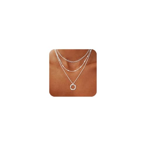 Picuzzy Layered Silver Plated Necklaces for Women Layering Stacked Stackable Layer Silver Plated Choker Necklaces for Women Trendy Stack Stacking Circle Pendant Paperclip Chain Necklace Jewelry Set