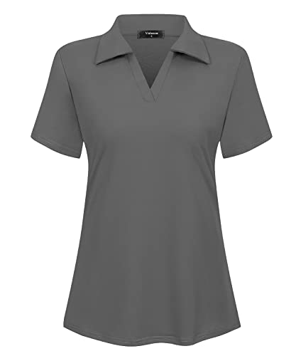 Vidusou Golf Polo Shirts For Women,Womens Golf Apparel Short Sleeve V Neck Athletic Tops Running Tennis Workout Shirts For Women Grey Large #TOP12