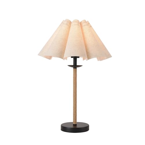 KUNJOULAM - KUNJOULAM Boho Table Lamp, 22.5" Height Minimalist Accent Lamp with Oatmeal Petal Shade & Handmade Rattan Rope Black Metal Base, Bedside Nightstand Desk Light for Bedroom Livingroom Home Decor - -5%