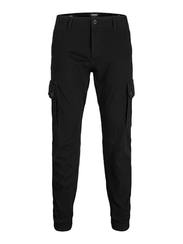 JACK & JONES Mens Cuffed Cargo Black Trousers Combat Work Smart Casual Pants (W36/L34)