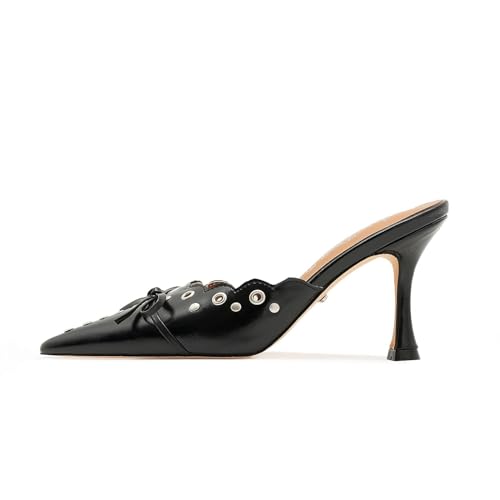 Image of Kitten Heel Mules for Women Bow Tie Suede Stiletto Heels Mule Pointed Toe Studs Slide Heeled Sandal Pumps for Wedding Dress Party