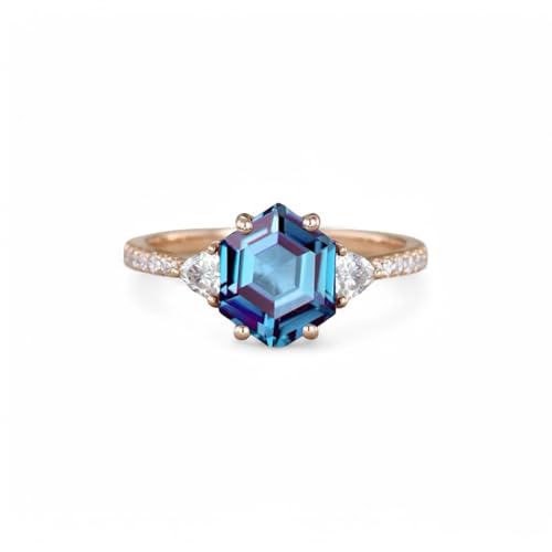 7 mm Hexagon Shape Multi Gemstone Engagement Ring 14k Rose Gold Trillion Cut Diamond Jewelry for Women Unique Birthday Gift Rings