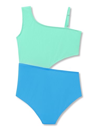 Image of Dvenki Big Girls Asymmetric Cutout Swimsuit Adjustable Straps Sizes 6X-16 | color block, leopard, tropical prints, front lined swimwear, removable pads, suitable for beach, vacation, pool play