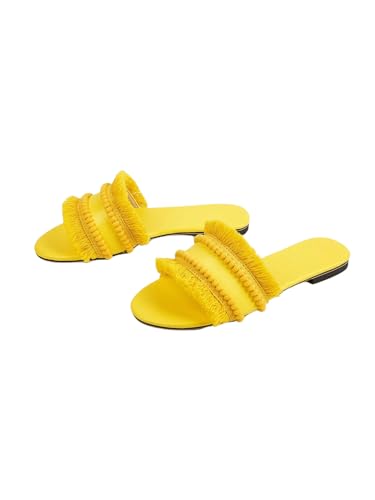 Image of OYOANGLE Women's Fringe Straw Sandals Crochet Open Toe Single Band Flat Slip On Sandals