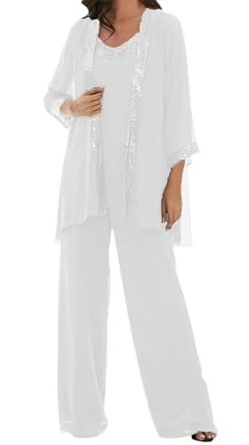 Plus Size Pantsuits for Special Occasions 3/4 Sleeves Formal Dress Chiffon 3 Pcs Mother of The Bride Gowns with Jacket US 24 White