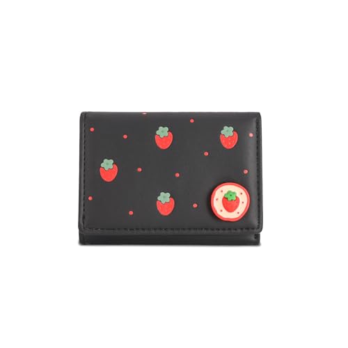 Wallet Women, Small Fruit Trifold Wallets Woman, Cute Black Strawberry Girls Wallet Business Credit Card Change Holder Purse for ID Cards Cash Coin (Black)