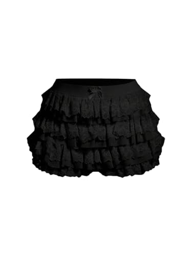 Image of Women Y2K Lace Multi-Layered Bloomers Lolita Ruffle Shorts Cute Mini Skirt | Tiered layers, elastic waist, pumpkin pants, for rave party /country concert /festival