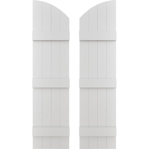 Builders Edge 14 in. W x 94 in. H (87 in. Low Side), Standard Four Board Joined (3 Batten) w/Archtop, Board-n-Batten Shutters, Includes Matching Installation Spikes (Per Pair), 001 - White