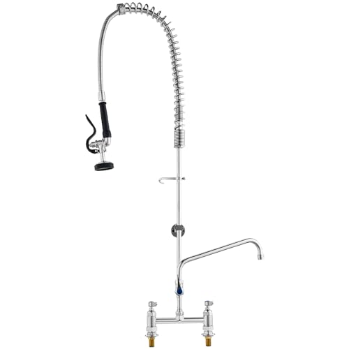 VEVOR Commercial Faucet with Pre-Rinse Sprayer, 44 Height, 8 Center, 12 Swing Spout, Deck Mount Kitchen Sink Faucet, Brass Constructed Device with Pull Down Spray, for 1/2/3 Compartment Sink