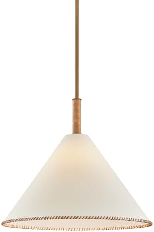 Troy Lighting Stoney 1-Light Pendant | Patina Brass Finish | White Linen Cone Shade with Whip-Stitch Detail | Artisan Modern Ceiling Light | 24" W x 21" H | F2524-PBR