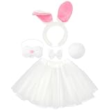 Yxtwaeh 5 Pieces Plush Bunny Costume Accessories Set Rabbit Ear Headband Nose Bow Tie Tail Tutu Skirt for Women Halloween Carnival Easter Party Cosplay, White