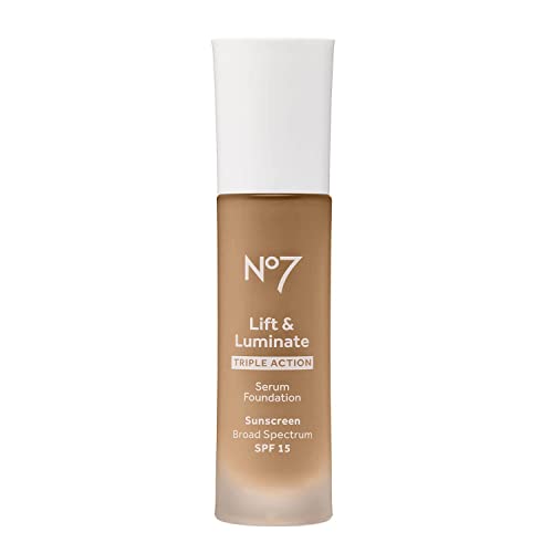 No7 Lift & Luminate Triple Action Serum Foundation - Deeply Bronze - Liquid Foundation Makeup with SPF 15 for Dewy, Glowy Base - Radiant Serum Foundation for Mature Skin (30ml)
