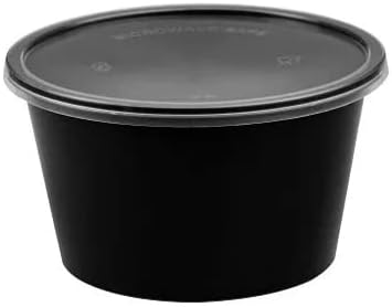 Set of 50 Heavy Duty 4oz / 100ml Takeaway Food Containers with Lids 100ml size Black Colour Round Shape Container Sauce Pots with Lids Non CFC, BPA Free, Microwave & Freezer Safe for Home Restaurants