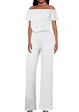 Hybrid & Company Women Casual Off Shoulder High Waist Pants Romper Wide Leg Jumpsuit KPVJ47696 E9000 WHITE M