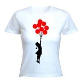Tribal T-Shirts Women's White Banksy Balloon Girl T-Shirt (Large)