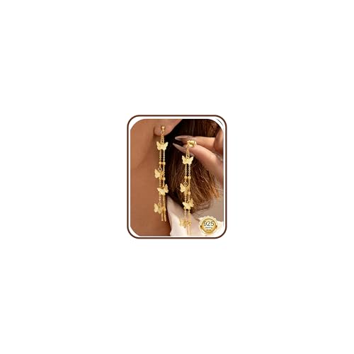 FIOROYAL Boucles d'Oreilles Femme Argent 925 Hypoallergéniques Boucle d'Oreille Pendante Plaqué Or 14K Chaîne Longue Pendantes Zircone Papillon Légères Bijoux Cadeaux pour Mariage Fête GBF