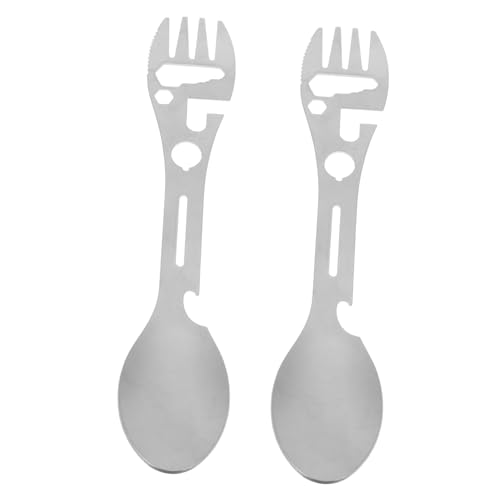 minkissy 2個 多機能ステンレス製キャンプスプーンフォークボトルオープナー ポータブル屋外用アウトドア食器 キャンプ用携帯製スプーンフ