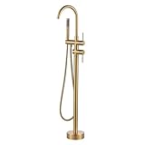 Freestanding Tub Filler Faucet, Floor Mount Brushed Gold Bathtub Faucet with Single Handheld Shower for Bathroom, Brass Shower Tub Faucet Set Complete, Bathtub Faucet with Shower
