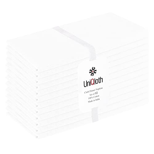 UniQloth Set of 12 Cloth Dinner Napkins 100% Cotton - Soft Durable Washable Reusable - Ideal for Farmhouse Parties Weddings Holidays Hotel Restaurant Daily Use Table Dinner Napkins 17x17 White