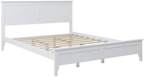 Miniatura 27 de Base de cama de tamaño matrimonial con cabecero y estribo, cama de plataforma de madera maciza blanca de estilo conciso moderno para niños,