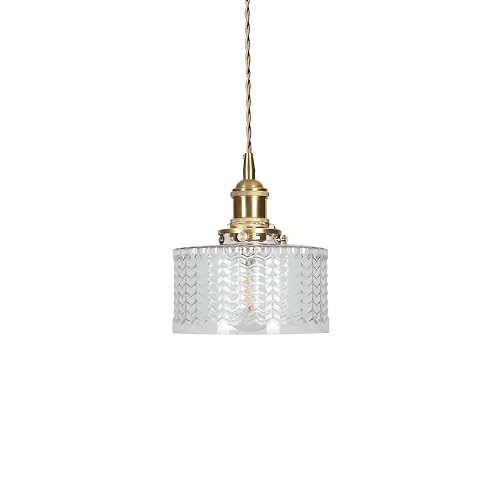 EKSED Lampe suspendue en laiton avec abat-jour en verre à rayures verticales, interrupteur rotatif et cordon tressé doré - Luminaire plafonnier suspendu (Nervures transparentes)