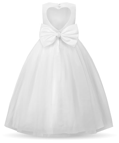 Uhnice Flower Girl Pearl Dress Tulle Ball Gown Bow Prom with Heart Cutout for Wedding Birthday Party