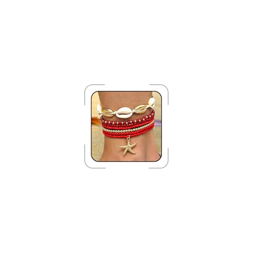Image of Shell Anklets Bracelet for Women Waterproof Surfer Starfish Bracelet Puka Shell Anklet Colorful Boho Stack Stretch Bead Bracelet Set Hawaii Summer Beach Vacation Foot Jewelry