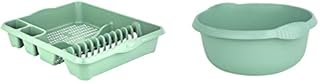 JMS we create smile Set of 2 Plastic Kitchen Large Dish Drainer with 32cm Round Washing Up Bowl (Silver Sage)