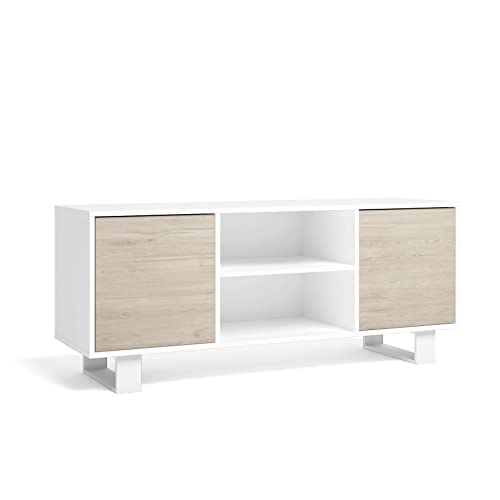 Skraut Home | Mueble TV 140 con 2 Puertas | Salon | Sala de Estar | Modelo Wind | Color Blanco/Roble | Medidas 137 x 40 x 57 cm Altura.