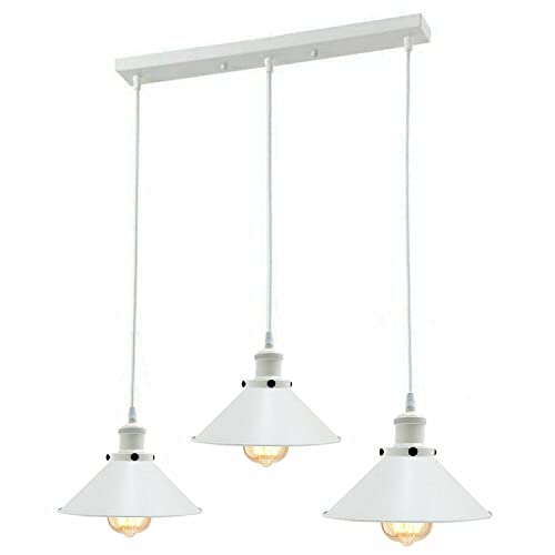 LEDSone Industrial Vintage Retro 3 Head Ceiling Pendant, Cluster Light Fitting White Colour Cone Rectangle Lampshades E27 Holder
