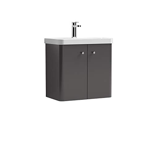 Nuie COR905 Core Modern Bathroom Wall Hung 2 Door Vanity Unit and 1 Tap Hole Ceramic Basin, 589 x 605 x 355mm, Gloss Grey